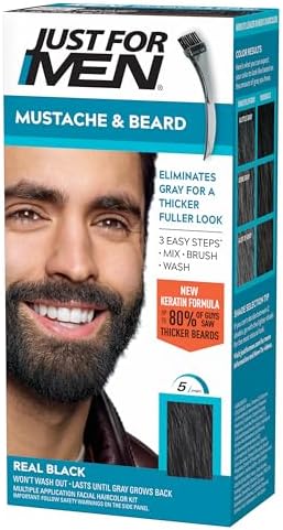Just For Men Mustache & Beard, Beard Dye for Men with Brush Included, With Keratin Biotin Aloe and Coconut Oil for Healthy Facial Hair - Real Black, M-55, Pack of 1 (Packaging May Vary)