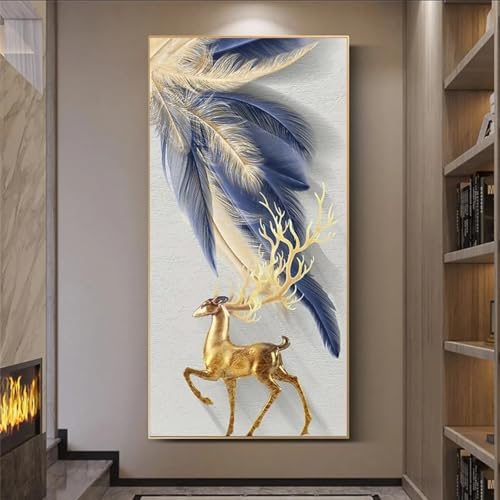 Impression sur toile plumes et cerf dorés style nordique tableau mural grand format 80x160cm