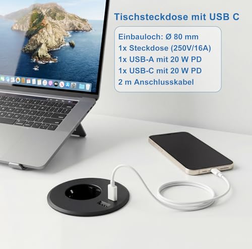 Prise encastrable plan de travail 80mm Dinolink avec USB C et câble de 2m pour bureau noir