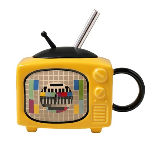 Fruusv Taza de viaje de cerámica, taza con tapa y pajita, taza de TV retro, taza de cerámica de 450 ml, taza de té con tapa, taza con forma de televisión, taza para café caliente, vino, whisky