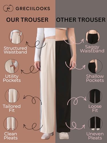 Image of GRECIILOOKS Trousers for Woman | Womens High Rise High Waist Flared Korean Style | Formal Pant for Women Office Wear| Track Pants for Womans Elegant for College & Events (Available in Plus Size)