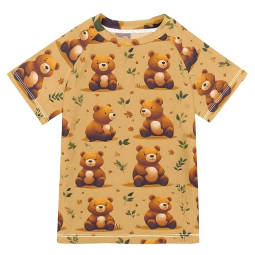 ALAZA Kids Rash Guard Boys Toddler Swim Shirts Short Sleeve Bear Brown UPF 50+ 3T