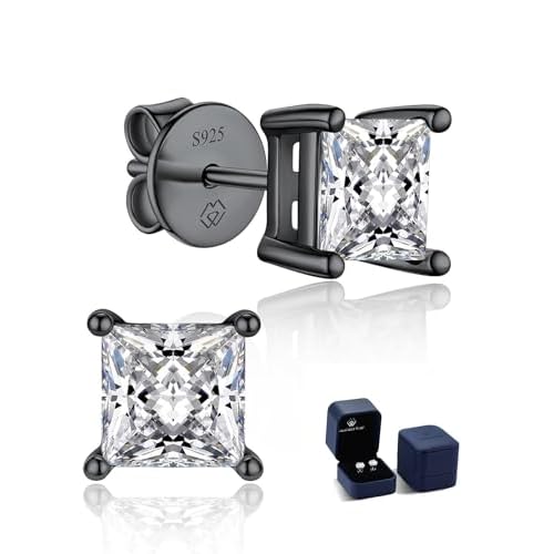 MomentWish Black Moissanite Stud Earrings, Moissanite Earrings for Women Men, D Color VVS1 Simulated Diamond 925 Sterling Silver Solitaire/Halo Studs 2 Carat-(1ct*2)-6.5mm 01 Unisex Design
