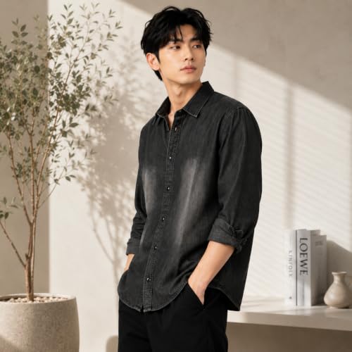 DESIGNALLY Men's Washed Denim Shirt, Dark Grey - Image 7
