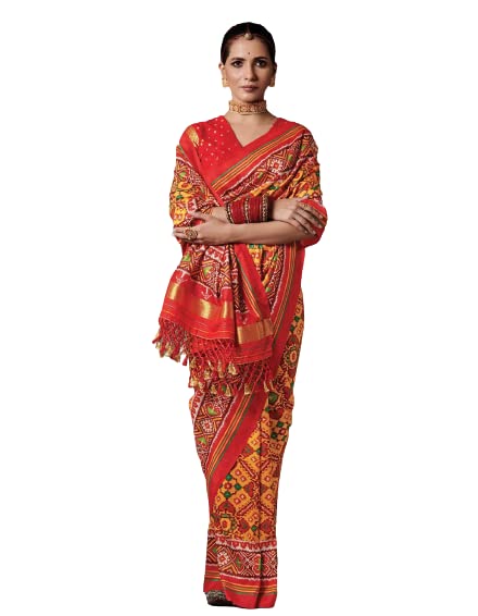 THATH BANARASWomen's Printed Soft Tusser Silk Patola Saree With Blouse Piece (Color:-Red & Yellow)