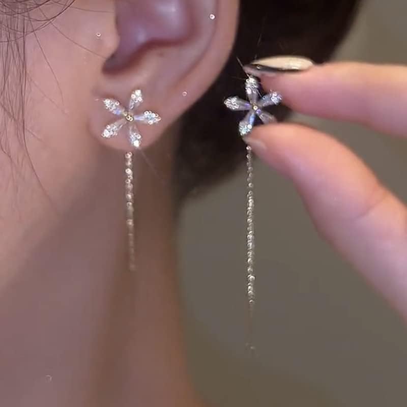 Shiny Diamond Flower Earrings,Tassel Dangle Earrings for Women Wedding Drop Earring Fashion Jewelry Gifts (Silver) - Image 2