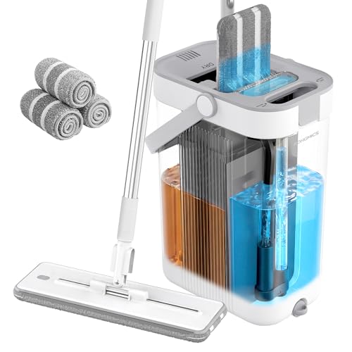 SONGMICS Ensemble Serpillère et Seau, Séparation Eau Propre/Sale, Seau à 3 Compartiments, avec Essoreur, Balai Plat, Tête Rotative 360°, 3 Chiffons...