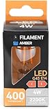 Bombilla LED de filamento G45 E27 4W ámbar: [iluminación decorativa] y [eficiente]. Su [instalación es sencilla] (enroscar y listo).