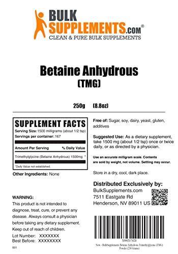 Bulksupplements.com Betaine Anhydrous Trimethylglycine (Tmg) Powder - Tmg Supplements - Gallbladder Supplements - Glycine Supplements - Liver Supplement - Betaine Supplement (250 Grams - 8.8 Oz) #TOP1