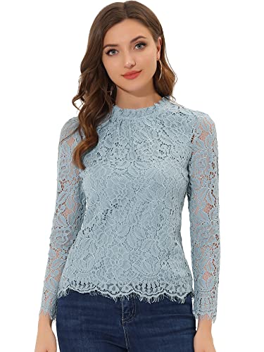 Allegra K Women's Lace Top Long Sleeve Ruffle Neck Floral Blouse Medium Gray Blue #TOP21