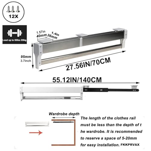 Ausziehbare Kleiderstange mit 2 Gleitschienen, ausziehbare Kleiderstange, verstellbare 30-80cm Kleiderstange, Kleiderstange, belastbar 25kg