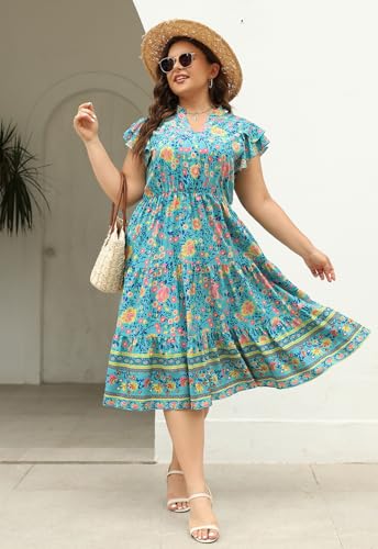 Image of Keluummi Plus Size Midi Dress for Curvy Women Wedding Guest Summer Floral Empire Waist Short Sleeve with Pockets