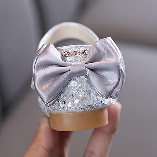 Girls Dress Shoes Cute Bow Mary Jane Shoes Ballerina with Satin Ankle Tie for Wedding Birthday Party Baby Swim Shoes (Silver, 2.5 Big Kids)4