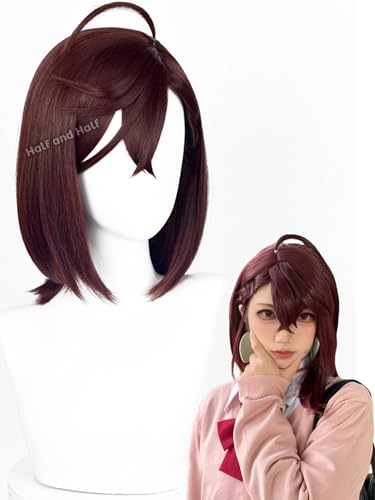 Half and Half Momo Ayase Cosplay Costume Wig Short Dark Brown Bob Anime Wigs with Bangs Red Brown DAN DAN DAN Wig for Women Party Halloween