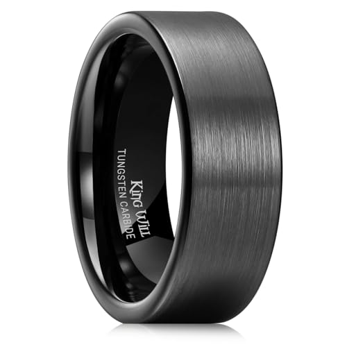 King Will 6mm 8mm Tungsten Wedding Rings for Men Black/Silver/Gunmetal Plated Pipe Cut Brushed Men's Wedding Band Gifts for Him Size 7-14 Comfort Fit