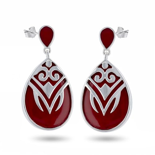 Boucles d'Oreilles Corail Rouge Aden en Argent 925 - Artisanat Inca Modèle TANIT Premium