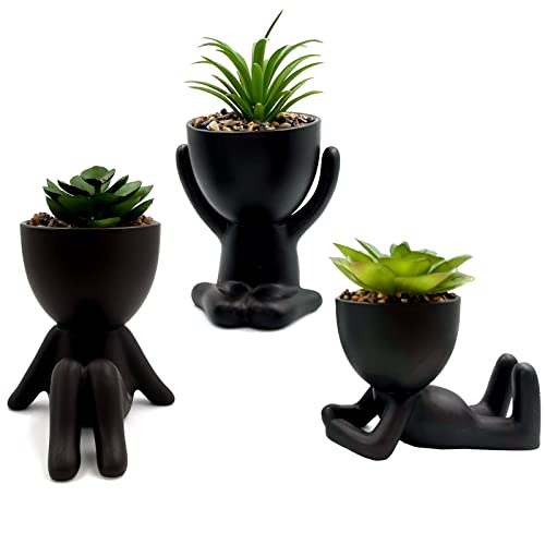Hng Kiang Hu 3 Pcs Cute Artificial Succulent Plants With Creative Human Shaped Pots,Ceramic Potted Fake Succulents Home Decor Office Decor For Women #TOP23
