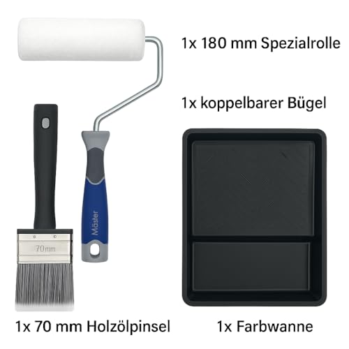 Mäster Roller- und Pinselset für Terrassen- und Balkonbehandlung – Serie Superior – Komplett-Set mit Bügel, 180 mm Spezialrolle, 70 mm Holzölpinsel und Farbwanne – Für Holzschutz, Lasur oder Holzöl