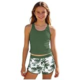Mädchen Tankini Set Zweiteiliger Bademode Breite Träger Oberteil und Hohe Taille Shorts mit Blumenmuster Sommer Hawaii Badeanzug Strand Sports Badebekleidung für 8-16 Jahre (Grün, 11-12 Years)