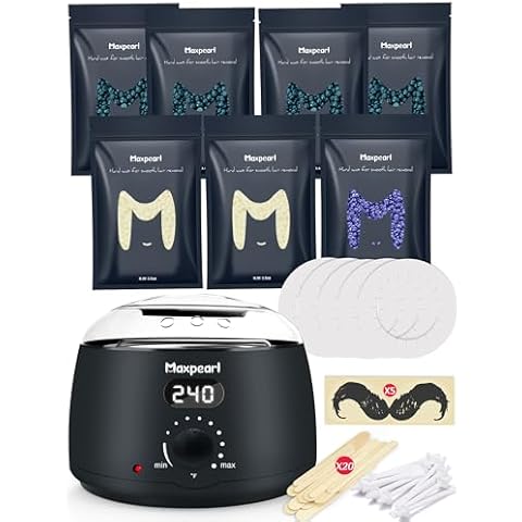Maxpearl Digital Waxing Kit with 7 Packs of Hard Wax Beads for Brazilian, Bikini Waxing, Face, Eyebrows, Underarms, Arms, Chest, Back, Legs Cover