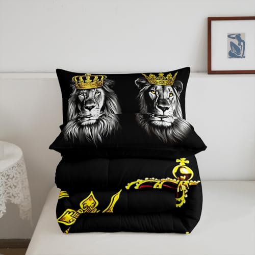 Image of Feelyou Kids Lion King & Queen Comforter Full Size, Gold Crown Comforter Set for Man Woman African Safari Animal Bedding Set Wild Lion Couple Duvet Set Microfiber Bed Set