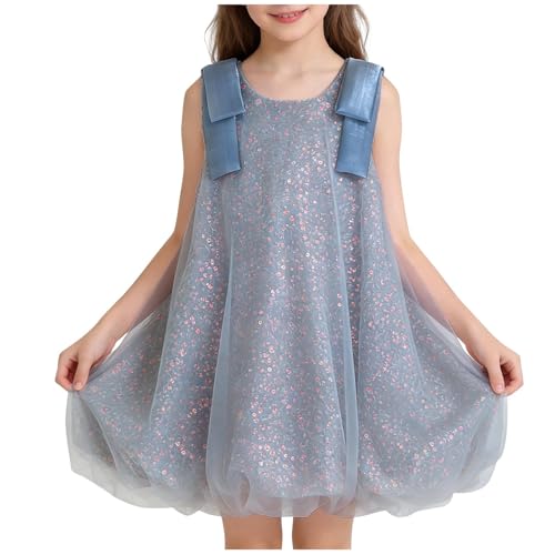 Girls Sequins Mesh Summer Mini Dress Layered A-Line Loose Crewneck Sleeveless Party Dress for 2-10 Years