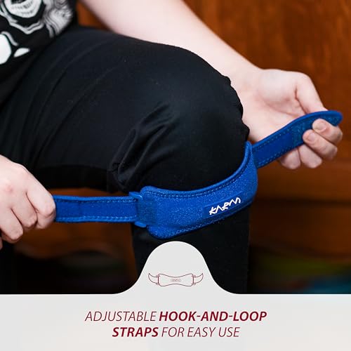 Image of KARM Kids Knee Brace Strap - Osgood Schlatter Knee Brace Youth for Kids, Child - Patellar Tendon Support Patella Band for Pain, Sports, Basketball with 3 Length Adjustable Straps (Single, Blue)