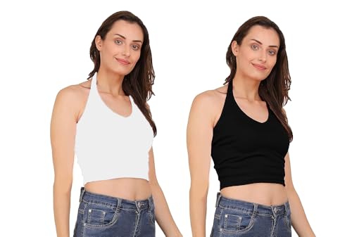 Image of SriSaras Women's Black & White Cotton Strechable Tank Tops /Crop Tops