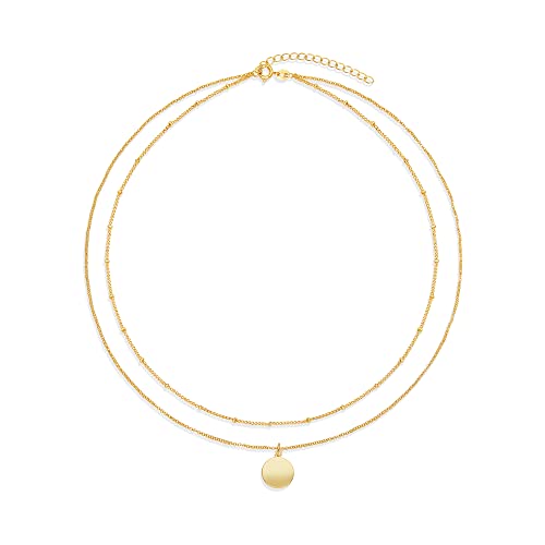 Amazon Essentials 14K Gold Plated Polished Disc And Beaded Chain 2 Row Layer Necklace, Yellow Gold #TOP2