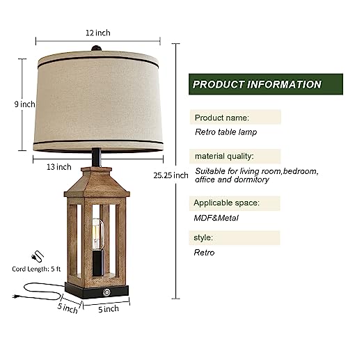 G-SAFAVA 23.75\" Retro Farmhouse USB A+C Charging Ports 3-Way Dimmable Touch Control Table Lamp with Brown Nightlight Vintage Modern Lamp for Living Room Bedroom with 2 Light Sources(4 Bulbs Included)