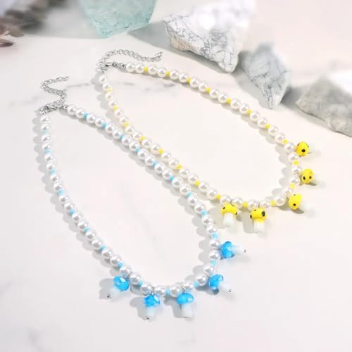 Collier champignons en argent et perles multicolores style bohème chic