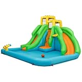 COSTWAT Casa Inflable de Rebote, Parque de Tobogán de Agua con Dos Toboganes, Pared de Escalada, Aro de Baloncesto, Piscina de Salpicaduras, Kit de...