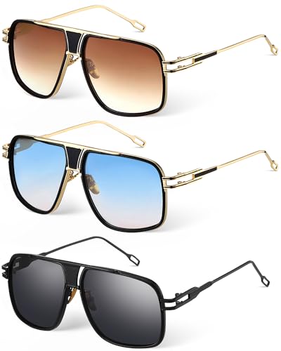 Image of Frienda 3 Pairs Retro Sunglasses for Men Oversized Men Shades Glasses Fashion Alloy Metal Gold Frame Polarized Sun Glasses