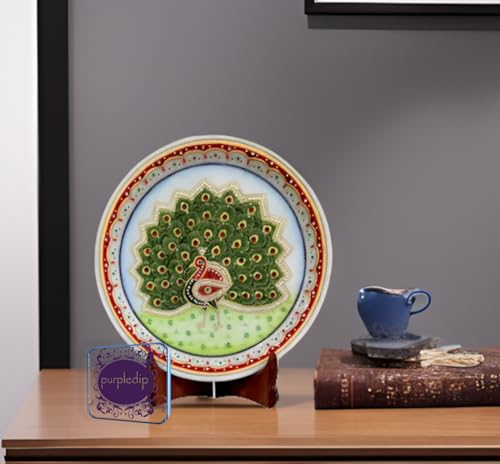 Purpledip Marble Painting Pretty Peacock: Hand Painted Tile with Gold Work & Beads, 9x9 Inches Indian Gift Souvenir (12095A)