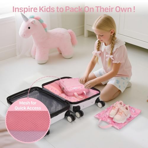 Kids Packing Cubes Compression - 4 Set Travel Packing Cube for Carry On Suitcase and Backpack Luggage Organizer Set Bag with Shoe Bag for Girls (Pink Unicorn)2