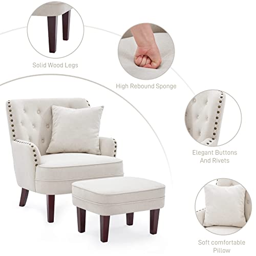 Huimo Accent Chair With Ottoman And Pillow, Living Room Club Chair And Ottoman Set With Bronzer Nail Head Trim Wooden Legs, Comfy Reading Chair For Bedroom, Upholstered Button Tufted Armchair (Beige) #TOP5