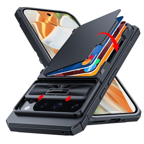 CENMASO for Google Pixel 9 Pro Case/Pixel 9 Case with Card Holder (4 Cards) & Sliding Camera Cover & KickstandRFID Blocking Full-Body Shockproof Wallet Phone Case for Pixel 9/9 Pro-Black