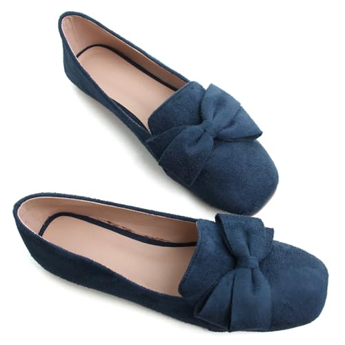LUXINYU Women Mary Jane Shoes Bowknot Dressy Square Toe Suede Upper Slip on Ballet Flats Comfortable Moccasins Work Flats Low Heel Daily Walking Shoes2