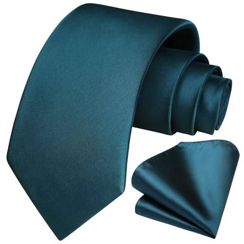 Image of HISDERN Mens Solid Color Ties Formal Satin Necktie and Pocket Square Set Classic Wedding Business Tie & Handkerchief