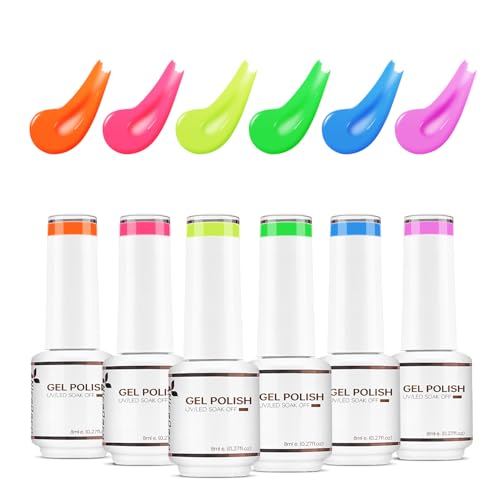 Nicedeco UV Gel Nagellack Set - 6 Neon Farben (Lila, Blau, Grün, Gelb, Rosa, Orange) - 8ml Rainbow Soak Off Gel - 6-3