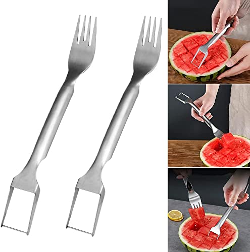 Tupilamc 2-In-1 Watermelon Fork Slicer,2023New Watermelon Slicer Cutter Summer,Dual Head Stainless Steel Fruit Fork Cubeds Knife,Family,Party,Camping(2Pcs), Silver #TOP1