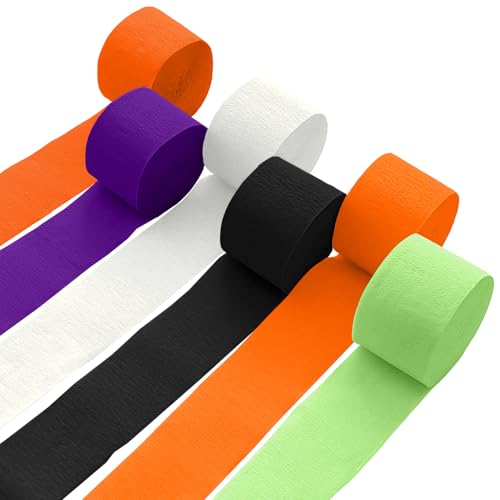 6 Crepe Paper Streamers Rolls 492ft Black Orange Purple Green and White Streamers Party Supplies for Halloween Theme Horror Party Birthday Wedding Backdrop Decorations (1.8 inch x 82 ft/Roll)