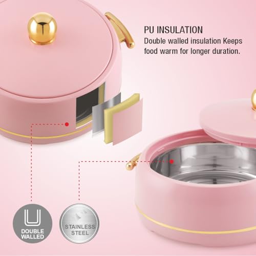 Image of Modware Atlantis Casserole 1500ml Elegant Design Premium Hot Pot, Retains Temperature for Hours, Insulated Inner Steel Casserole for Roti, Hot Box for Home, Chapati Box, Serving Bowl with Lid (Pink)