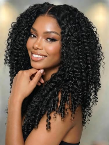 Image of KLAIYI 13X4 Pre Everything Burmese Curly Wig With Finger Coil Ends Put On and Go Spiral Curls Lace Front Human Hair Wigs Drawstring Glueless Precut Ear to Ear HD Lace Pre Plucked Bleached Knots 18Inch