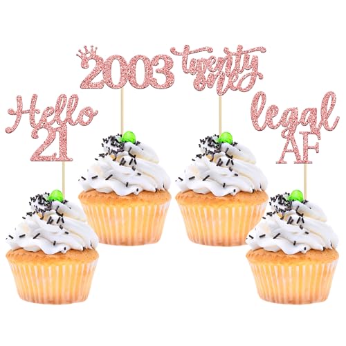 Gyufise 24 Pack Rose Gold Glitter 21st Birthday Cupcake Toppers Hello 21 Legal AF Twenty One Since 2003 Cupcake Picks for Celebrating Twenty-One Years Old Birthday Party Decorations