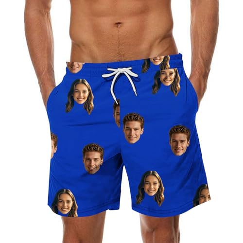 Blue Custom Men Swim Trunks with Face Personalized Beach Shorts Funny Printed Customised Your Own Design Hawaiian Board Shorts Summer Plus Size Lightweight Quick Dry Swimwear Swimming Costume
