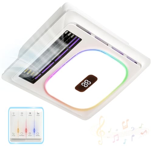 Bathroom exhaust fan with heater&Bathroom exhaust fan with bluetooth speaker,5 in 1 Multi-function,Instantaneous heating,Strong wind,Silent operation,3 color lighting,Dynamic music,Plug and play