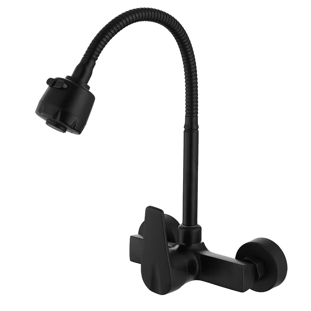 Jnchdghwa Black Wall Mounted Kitchen Faucet 360 Degree Rotatable Sprayer With Hot And Cold Water Functionality