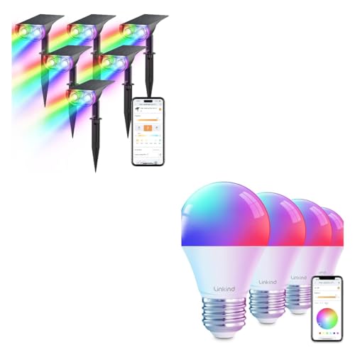 Linkind-US Linkind Smart Solar Lights for Outside, Chrismas Decoration, 2-in-1 RGBTW Outdoor Landscape Lighting Smart Light Bulbs, Smart Bulb That Compatible with Alexa & Google Home，A19 E26 2.4Ghz RGB