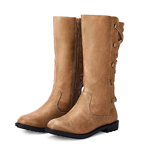 Syktkmx Girls Knee High Boots Lace Up Chunk Low Heel Side Zip Motorcycle Riding Boots With Buckle #TOP1